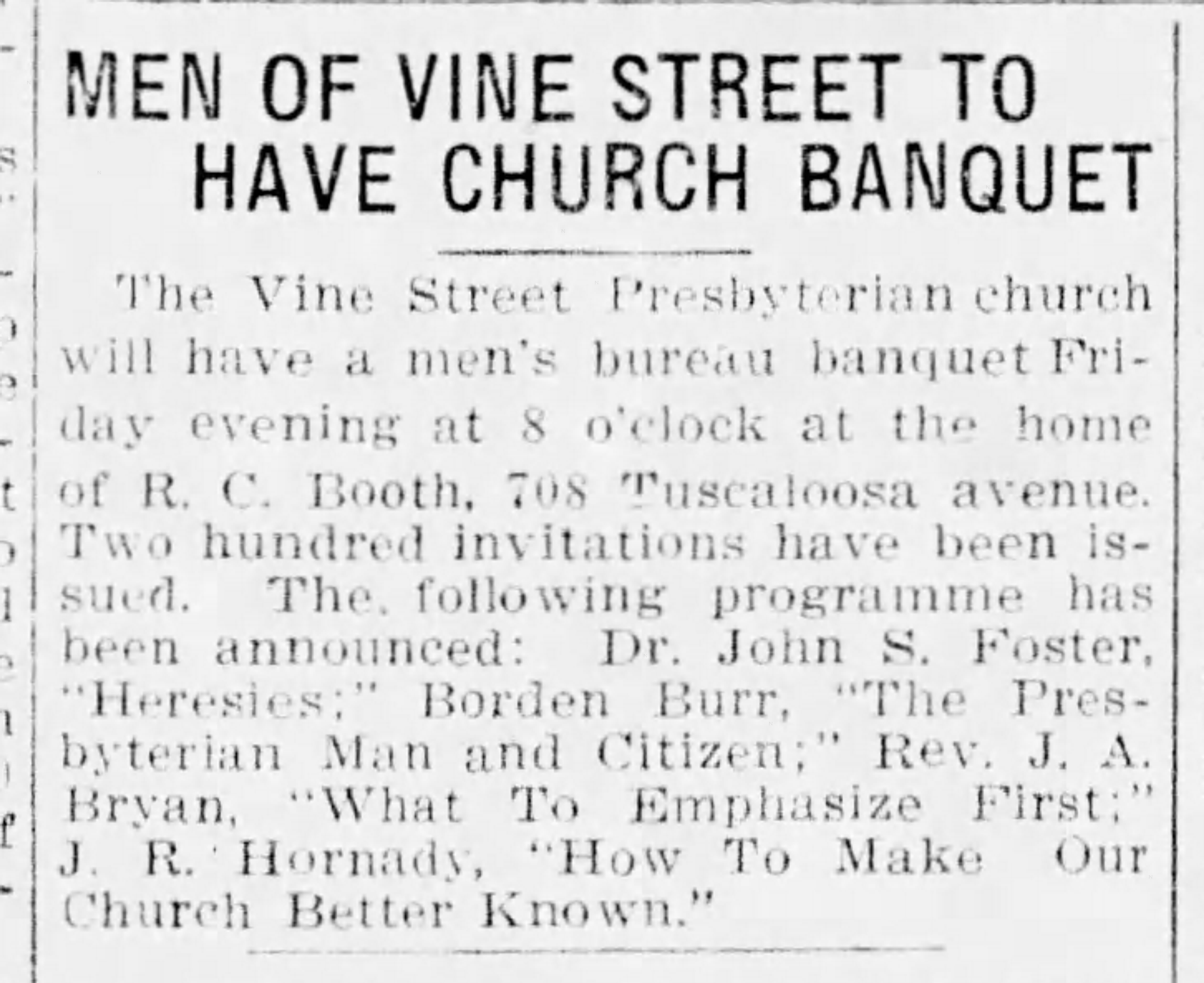 Men of Vine Street To Have Church Banquet